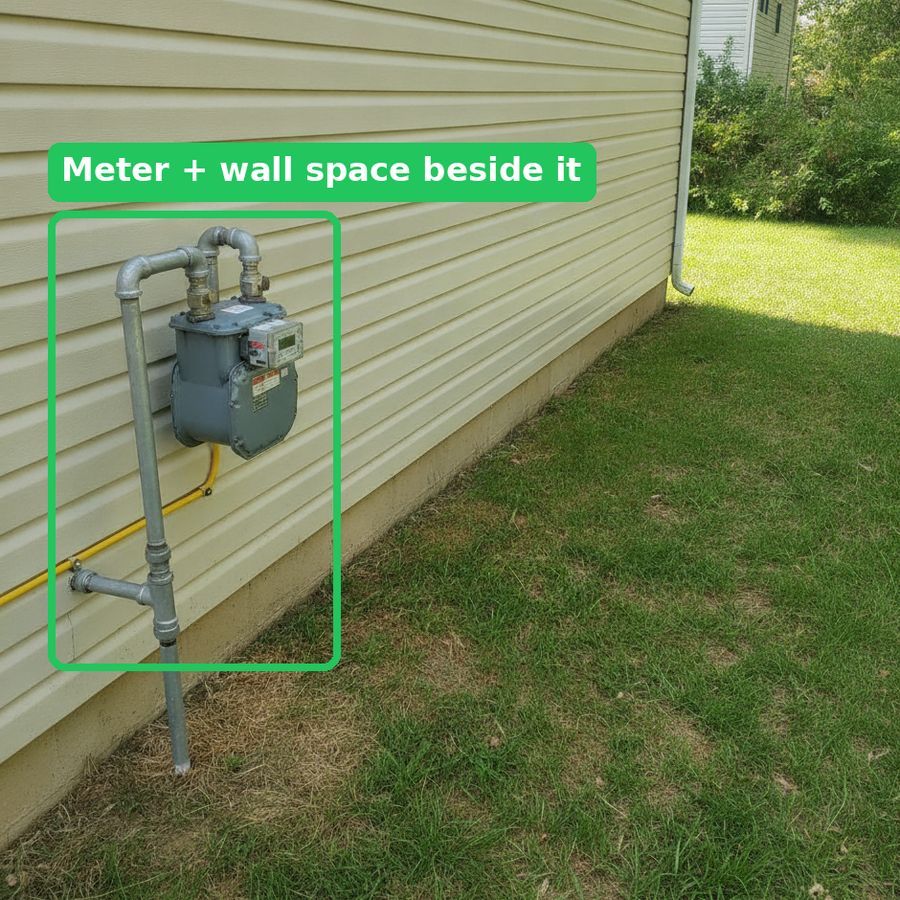 Example photo showing a gas meter on the side of a home with the meter and nearby wall space highlighted