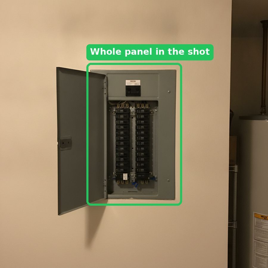 Example photo showing a full electrical panel with the door open and the whole panel highlighted
